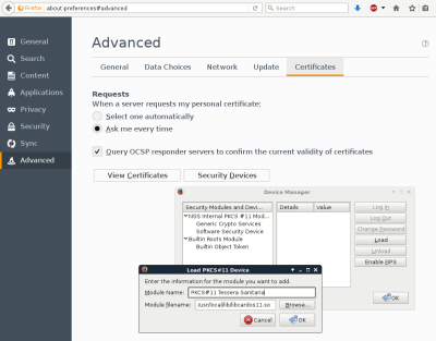 Installazione del Security Device in Firefox